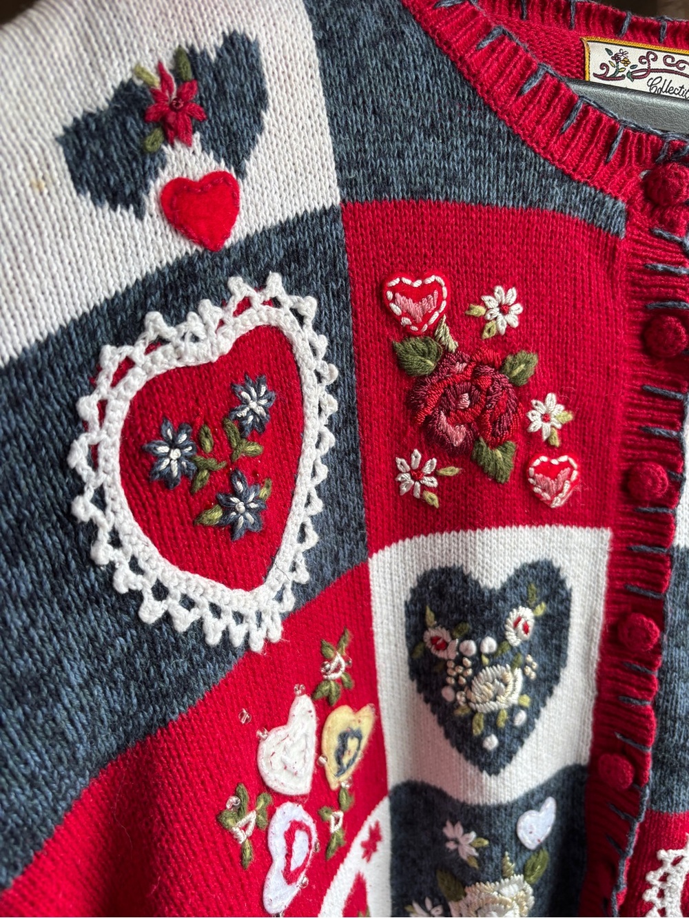 EUC Vintage Y2K Heirloom Collectibles XL Patchwork Heart Granny Cardigan Sweater - Picture 4 of 16